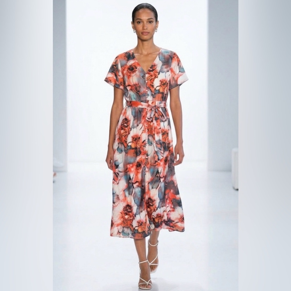 Active USA Belted Floral Dress Boho Party Summer Spring‎ Modest Button Down Sz M